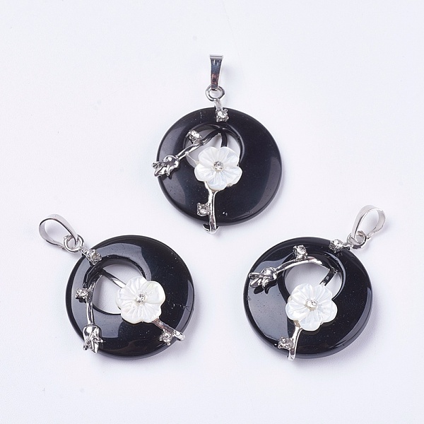 

PandaHall Natural Black Agate Pendants, with Shell, Rhinestone and Platinum Tone Brass Findings, Flat Round with Flower, 35.5~36x28x8mm...