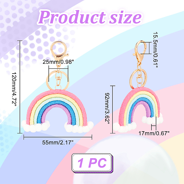 

PandaHall Handmade Woven Cotton Keychain, with Iron & Alloy Findings, Golden, Rainbow Pattern, 12cm, Rainbow: 55x92x17mm Cotton Rainbow