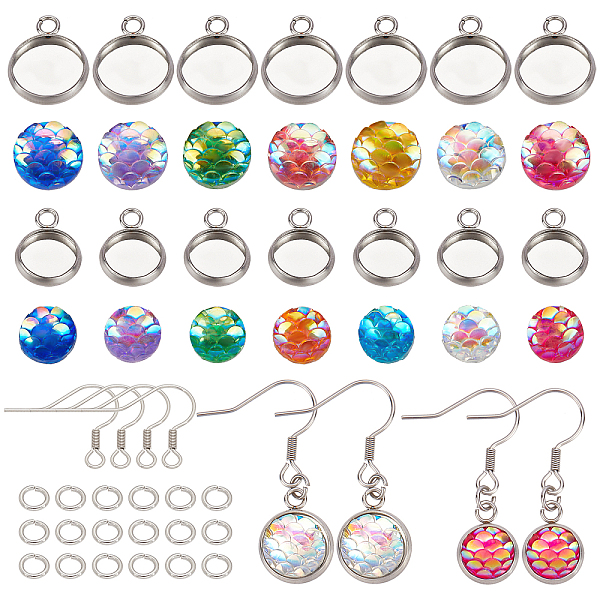 

PandaHall CHGCRAFT DIY Flat Round with Fish Scale Dangle Earring Making Kits, Including Resin Cabochons, 304 Stainless Steel Pendant..., Multicolor