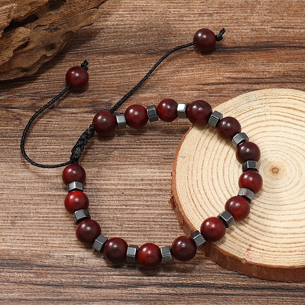 

PandaHall Adjustable Round Wood & synthetic Non-magnetic Hematite Braided Bead Bracelets for Men Wood