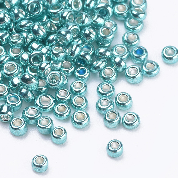 

PandaHall Plated Glass Seed Beads, Round, Medium Turquoise, 2~2.3x1.5mm, Hole: 0.8mm, about 30000pcs/bag, about 450g/bag Glass Cyan