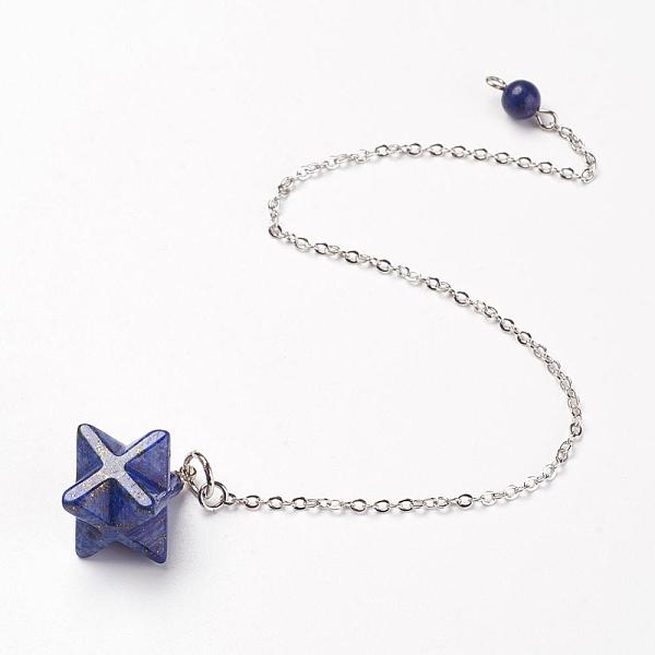 

PandaHall Chakra Natural Lapis Lazuli Dowsing Pendulums, with Brass Chains, Merkaba Star, 215~230mm Lapis Lazuli Merkaba Star Blue