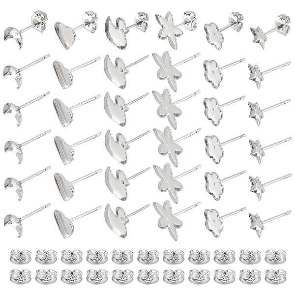 PandaHall DICOSMETIC 120Pcs 6 Style Earring Cabochon Settings, 304 Stainless Steel Ear Studs Blank Settings, with 316 Surgical Stainless...