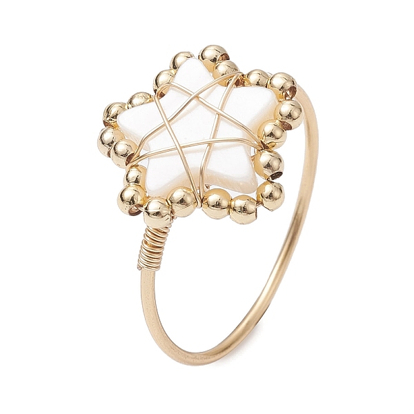 

PandaHall Natural Shell Star Braided Bead Style Ring, Brass Wire Wrap Finger Ring, Golden, US Size 8 1/4(18.3mm) Brass+Shell Star
