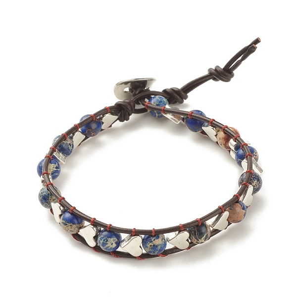 

PandaHall Natural Imperial Jasper(Dyed) Beaded Bracelet with Alloy Heart, Gemstone Braided Jewelry for Women, Blue, 8-7/8 inch(22.5cm)...