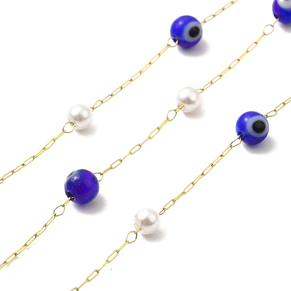 

PandaHall Ion Plating(IP) 316 Surgical Stainless Steel Paperclip Chains, Evil Eye and Glass Pearl Beaded Chain, Soldered, with Spool, Real..., Blue