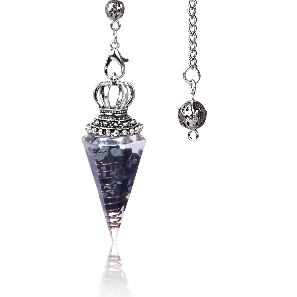 

PandaHall Natural Snowflake Obsidian Chip & Resin Dowsing Pendulum Big Pendants, with Platinum Plated Metal Crown, Cone Charm, 300mm...