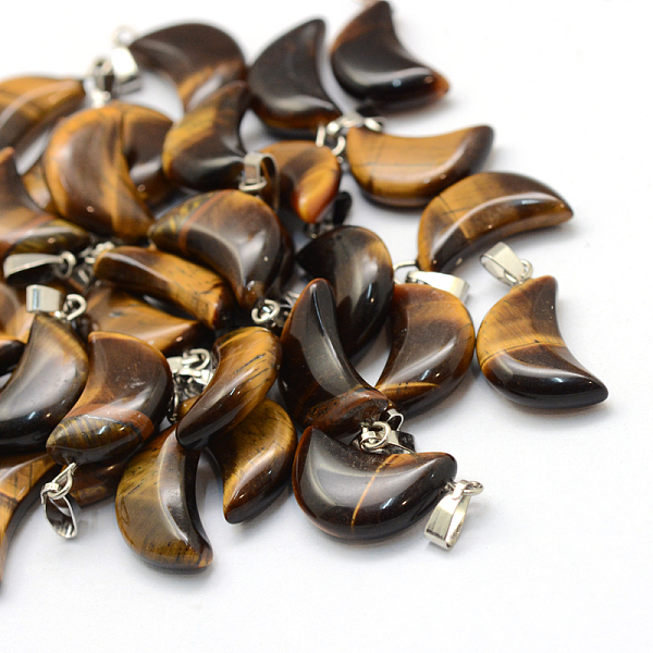 

PandaHall Moon Natural Tiger Eye Pendants, with Platinum Tone Brass Findings, 21~24x12~14x5~6mm, Hole: 2x7mm Tiger Eye Moon