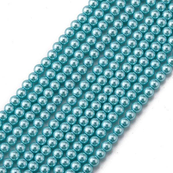 

PandaHall Grade A Glass Pearl Beads, Pearlized, Round, Cyan, 4mm, Hole: 0.7~1.1mm, about 100pcs/Strand, 16''(40.64cm) Glass Round Cyan