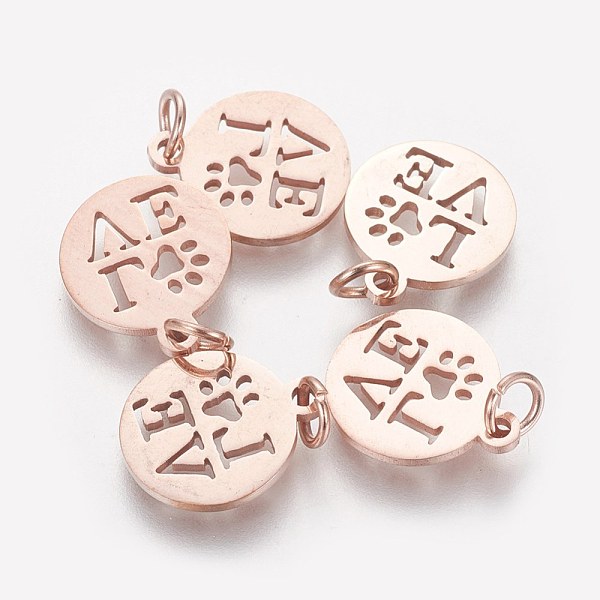

PandaHall 304 Stainless Steel Pendants, Flat Round with Word Love, Rose Gold, 14x12x1mm, Hole: 3mm 304 Stainless Steel Flat Round