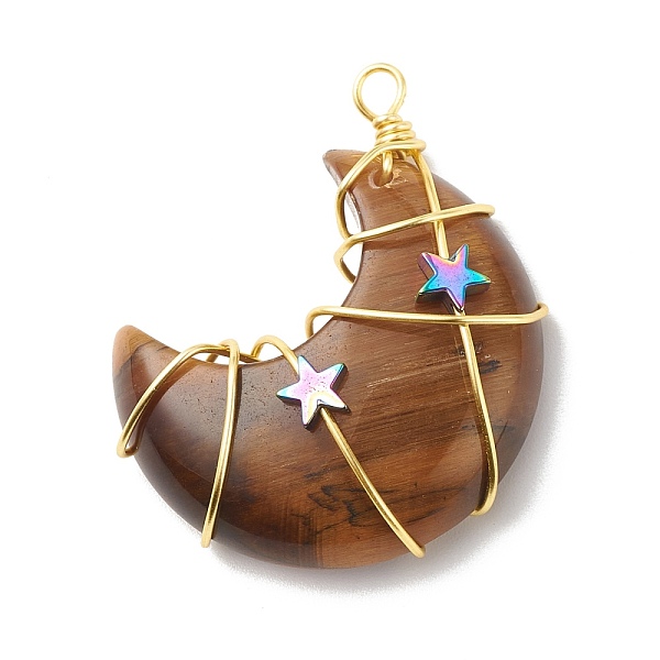 

PandaHall Natural Tiger Eye Copper Wire Wrapped Pendants, with Electroplate Non-magnetic Star Synthetic Hematite, Golden, Moon...