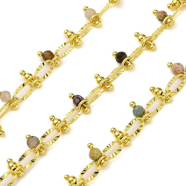 Handmade Faceted Natural Gemstone Beaded Chains, Soldered, with Spool, Long-Lasting Plated, Real 18K Gold Plated, Lead Free & Cadmium Free, Oval Links: 8x4x1.5mm, Beads: 3-3.5mm