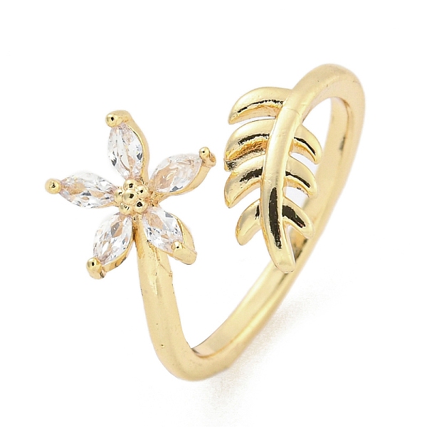 

PandaHall Brass Micro Pave Cubic Zirconia Cuff Rings, Flower & Leaf Open Rings for Women, Long-Lasting Plated, Golden, Adjustable...