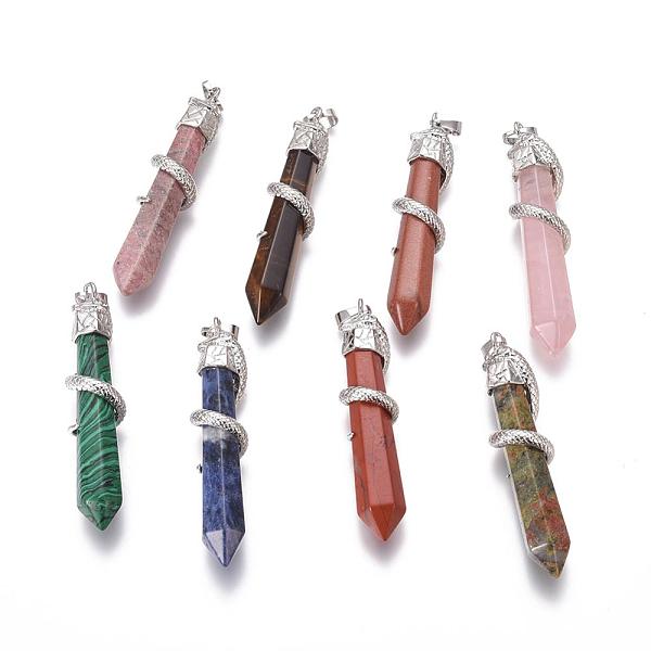 

PandaHall Gemstone Big Pendants, with Brass Findings, Snake with Diamond, Platinum Metal Color, Natural & Synthetic Mixed Stone, 60x12mm...
