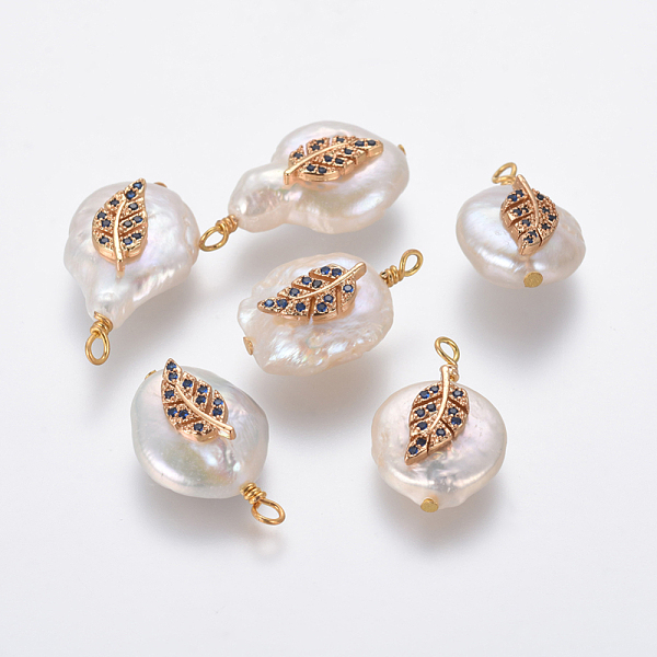 

PandaHall Natural Cultured Freshwater Pearl Pendants, with Brass Micro Pave Cubic Zirconia Findings, Nuggets with Leaf, Golden, Dark Blue...