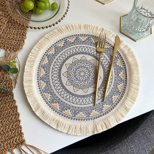 

PandaHall Polyester Braided Washable Placemat, Bohemian Style Woven Tassel Coaster, Flat Round, Slate Gray, 330mm Polyester Flat Round
