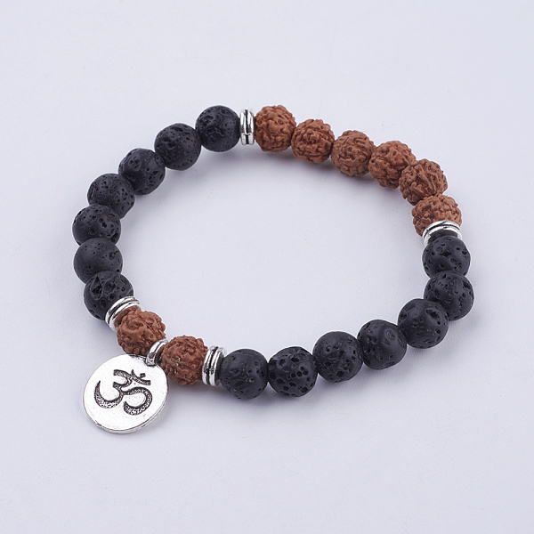 

PandaHall Yoga Theme Lava Rock Bodhi Wood Beads Stretch Charm Bracelets, with Tibetan Style Alloy Findings, Om Symbol, 50mm, about...