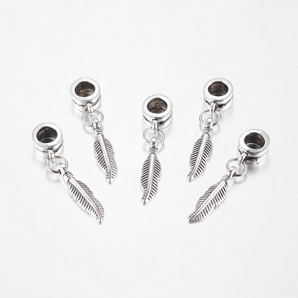 Antique Silver Tone Alloy European Feather Dangle Charms