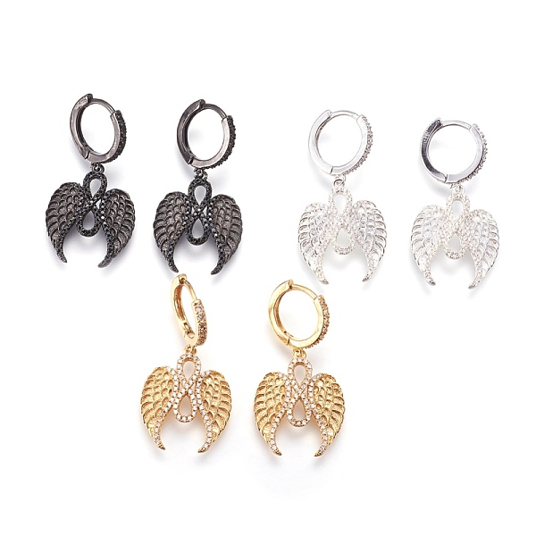 

PandaHall Brass Cubic Zirconia Hoop Earrings, Dangle Earrings, Infinity with Wings, Clear, Mixed Color, 37mm, Pendant: 22x18.5x3.5mm, Pin...