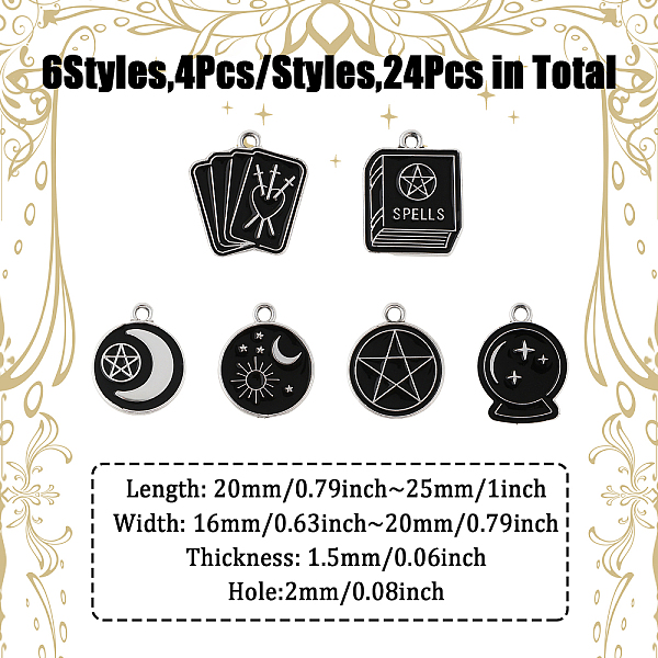 

PandaHall CHGCRAFT 24Pcs 6 Style Alloy Enamel Pendants, Platinum, Flat Round/Playing Cards/Book/Coffin/Crystal Ball Charm, Mixed Patterns..., Black