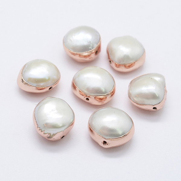

PandaHall Natural Cultured Freshwater Pearl Beads, Potato, Edge Rose Gold Plated, 10~12x10~13x6~9mm, Hole: 0.5mm Pearl Potato White