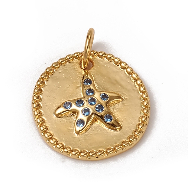 

PandaHall Brass Micro Pave Cornflower Blue Cubic Zirconia Charms, with Jump Rings, Long-Lasting Plated, Flat Round with Starfish/Sea Stars...