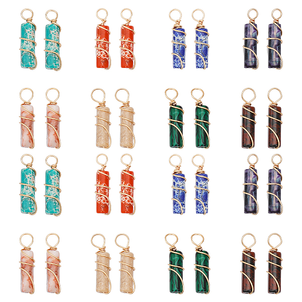 

PandaHall CHGCRAFT 32Pcs 8 Colors Natural Crystal Pendant Quartz Gemstone Pendant with Golden Tone Copper Wire Wrapped Column Shape Charm...