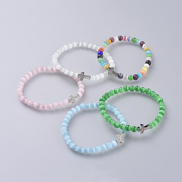 

PandaHall Cat Eye Stretch Bracelets, with Brass Micro Pave Cubic Zirconia Cross Beads, Mixed Color, 2 inch(5cm) Cat Eye Multicolor