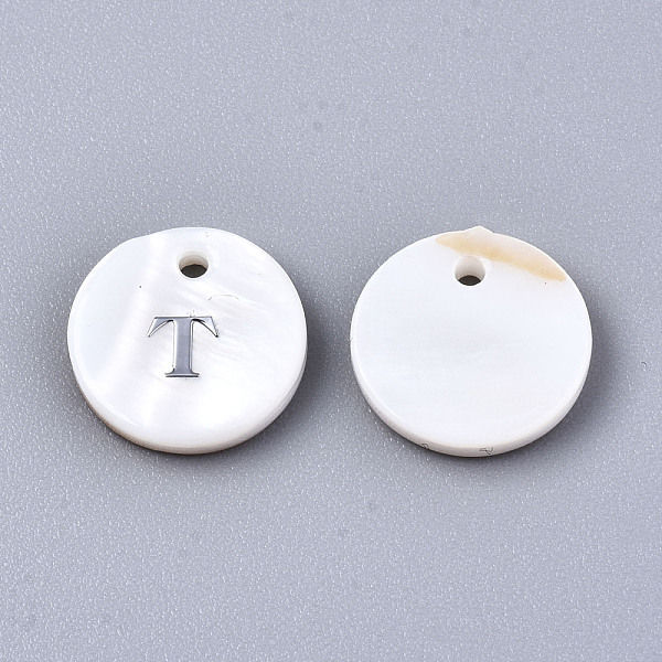 

PandaHall Natural Freshwater Shell Pendants, with Platinum Plated Iron Etched Metal Embellishments, Flat Round with Initial Letter, White...