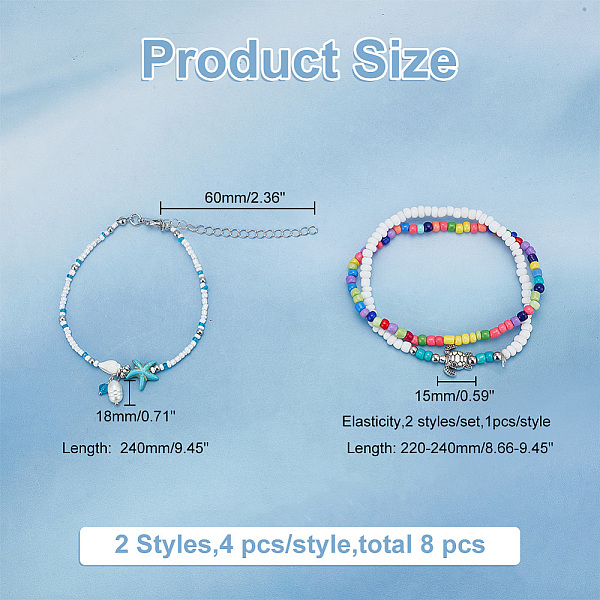 

PandaHall arricraft 12 Pcs Beach Anklets, 3 Styles Turtle Starfish Anklets Beaded Anklet Bracelets Handmade Boho Foot Chain Ocean Theme..., Multicolor