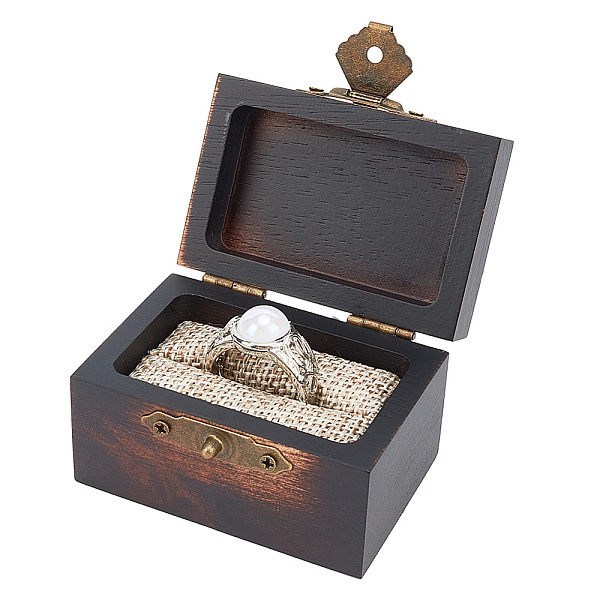 

PandaHall Rectangle Vintage Wood Ring Storage Boxes, Flip Cover Case, with Jute Inside and Iron Clasps, for Wedding, Proposal, Valentine's...