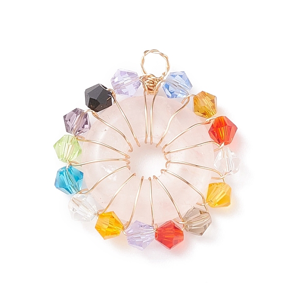 

PandaHall Natural Rose Quartz Pendants, Donut/Pi Disc Charm, with Colorful Glass Beads and Real 18K Gold Plated Copper Wire Wrapped...