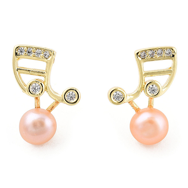 PandaHall Pearl Pink Natural Pearl Musical Note Stud Earrings with Cubic Zirconia, Brass Earrings with 925 Sterling Silver Pins for Women...