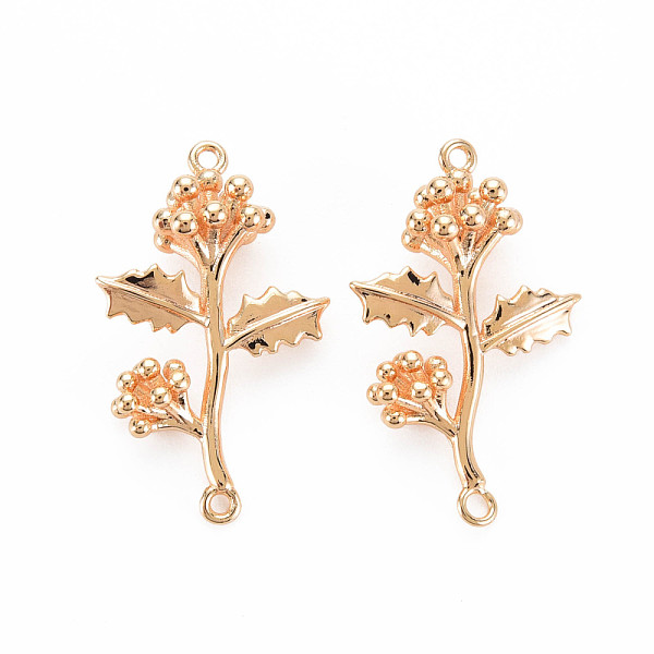 

PandaHall Brass Connector Charms, Nickel Free, Holly Leaf and Berries, Real 18K Gold Plated, 24x15x6mm, Hole: 1mm Brass Leaf
