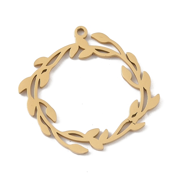 

PandaHall 304 Stainless Steel Pendants, Laser Cut, Ring with Leaf Charm, Golden, 24.5x26.5x1mm, Hole: 1mm 304 Stainless Steel Ring