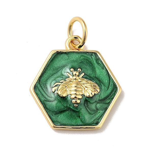 

PandaHall Rack Plating Brass Enamel Pendants, with Jump Ring, Cadmium Free & Nickel Free & Lead Free, Real 18K Gold Plated, Hexagon with Bee...