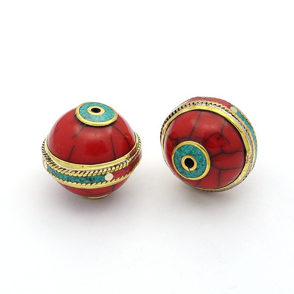 

PandaHall Handmade Tibetan Style Flat Round Beads, Brass Findings with Turquoise, Antique Golden, Red, 24mm, Hole: 2mm Brass Flat Round Red