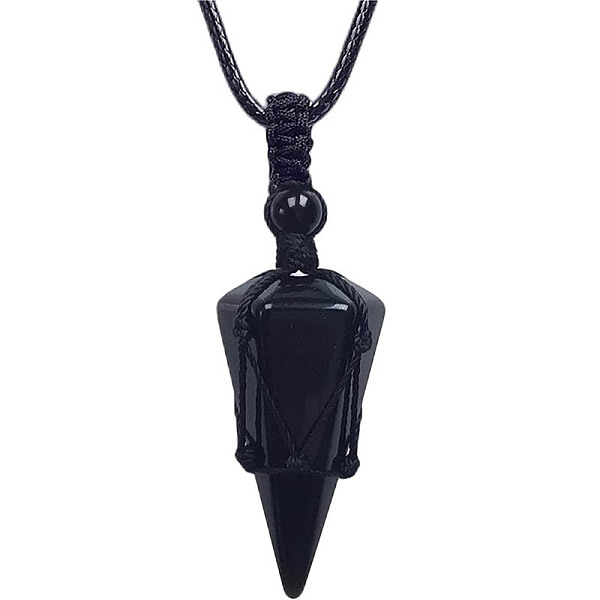 

PandaHall Natural Black Agate Cone Pendant Necklaces, Wax String Macrame Pouch Necklace, 20.08~31.50 inch(51~80cm) Black Agate Cone