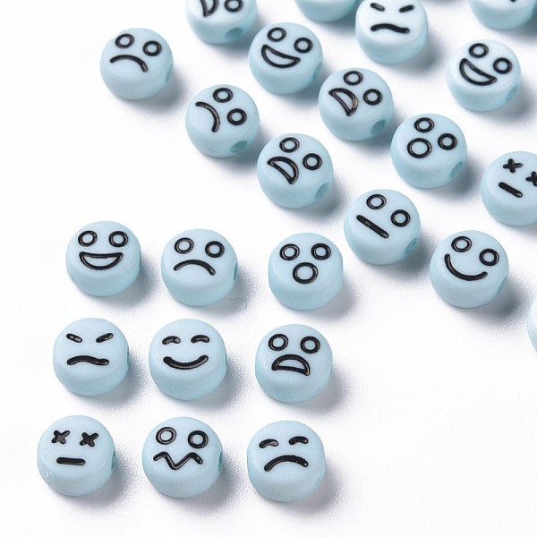 

PandaHall Opaque Sky Blue Acrylic Beads, Flat Round with Black Random Expression, 7x4mm, Hole: 1.6mm, about 3650pcs/500g Acrylic Flat Round