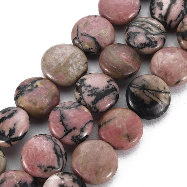 PandaHall Natural Rhodonite Beads Strands, Flat Round, 12x5.5mm, Hole: 1mm, about 33pcs/strand, 15.75 inch(40cm) Rhodonite Flat Round