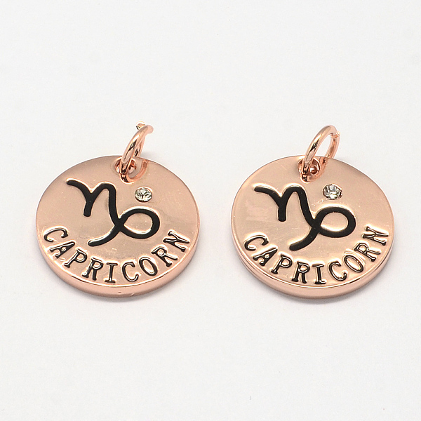 

PandaHall Alloy Pendants, with Rhinestone, Flat Round, with Constellation/Zodiac Sign, Rose Gold, Capricorn, 22x2.5mm, Hole: 5.5mm..., Clear