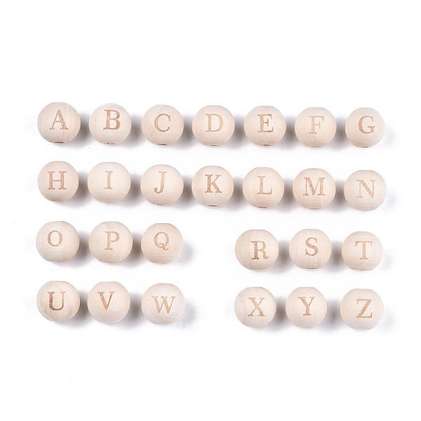 

PandaHall Unfinished Natural Wood European Beads, Large Hole Beads, Laser Engraved Pattern, Round with Word, Random Mixed Letters...