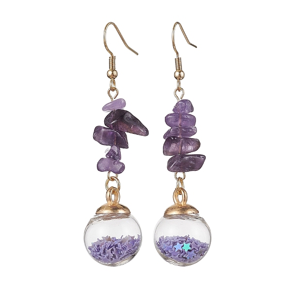 

PandaHall Natural Amethyst Chips Dangle Earrings, Glass Wish Ball Drop Earrings, 66.5x16mm Amethyst Chip