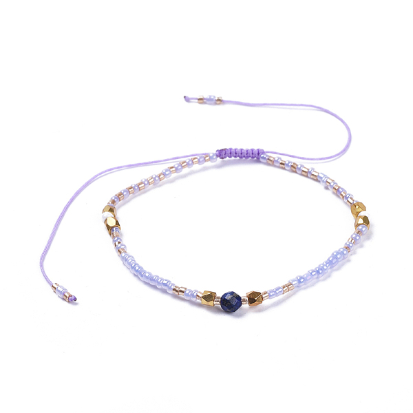 

PandaHall Adjustable Nylon Thread Braided Beads Bracelets, with Glass Seed Beads and Faceted Natural Lapis Lazuli(Dyed) Round Beads, 2 inch..., Purple