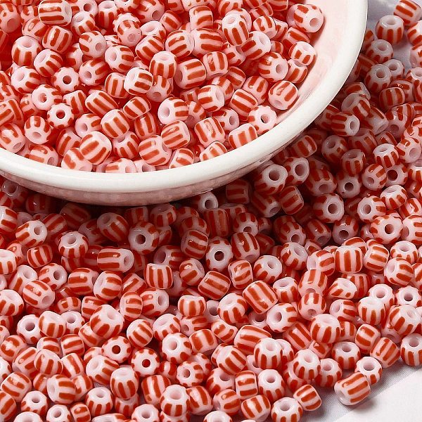 

PandaHall 6/0 Opaque Colours Seep Glass Seed Beads, Round Hole, Round with Stripe Pattern, Tomato, 3~4.5x3~4.5mm, Hole: 1.2~1.5mm, about..., Red