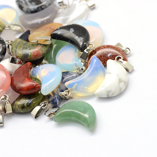 

PandaHall Moon Natural & Synthetic Mixed Stone Pendants, with Platinum Tone Brass Findings, 21~24x12~14x5~6mm, Hole: 2x7mm Mixed Stone Moon