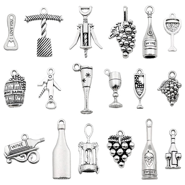 PandaHall 18Pcs 18 Style Tibetan Style Alloy Pendants Sets, Mixed Wine Theme Charms, Antique Silver, 16.5~30.5x6.5~20x1.5~7mm, Hole: 1.4~5mm...