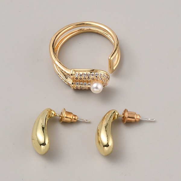 

PandaHall Brass Jewelry Set with Cubic Zirconia, Plastic Pearl Beaded Open Cuff Rings & Teardrop Stud Earrings, Golden, US Size 8 1/2..., Clear
