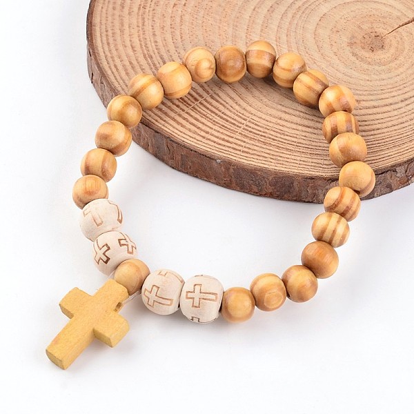 

PandaHall Cross Wood Beaded Stretch Charm Bracelets, BurlyWood, 55mm Wood Orange