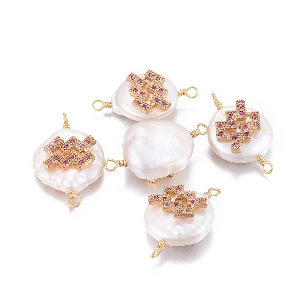 

PandaHall Natural Pearl Links connectors, with Brass Micro Pave Cubic Zirconia Findings, Flat Round with Constellation, Golden, Fuchsia..., Pink